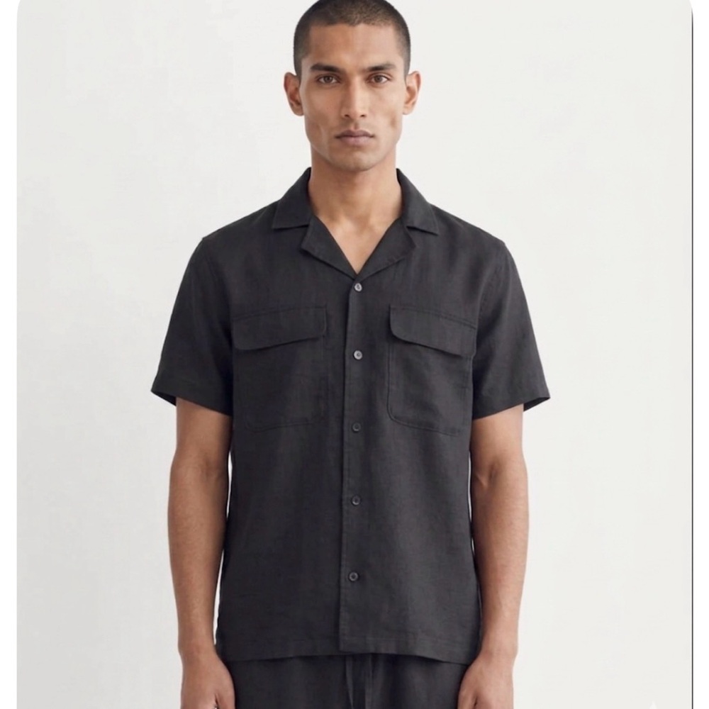 Everlane - Men’s 100% linen short sleeve shirt black button down top collared XL